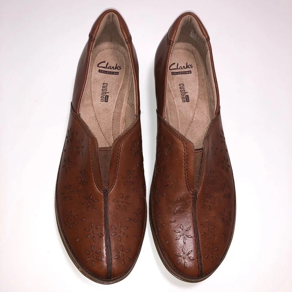 Women's Tan Leather Slip-On Flats with Floral Cutouts